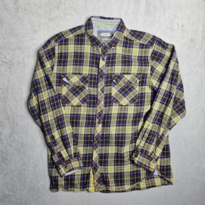 32 Bar Blues Shirt Mens Large Purple Yellow Plaid Button Up Pockets Flip Cuff